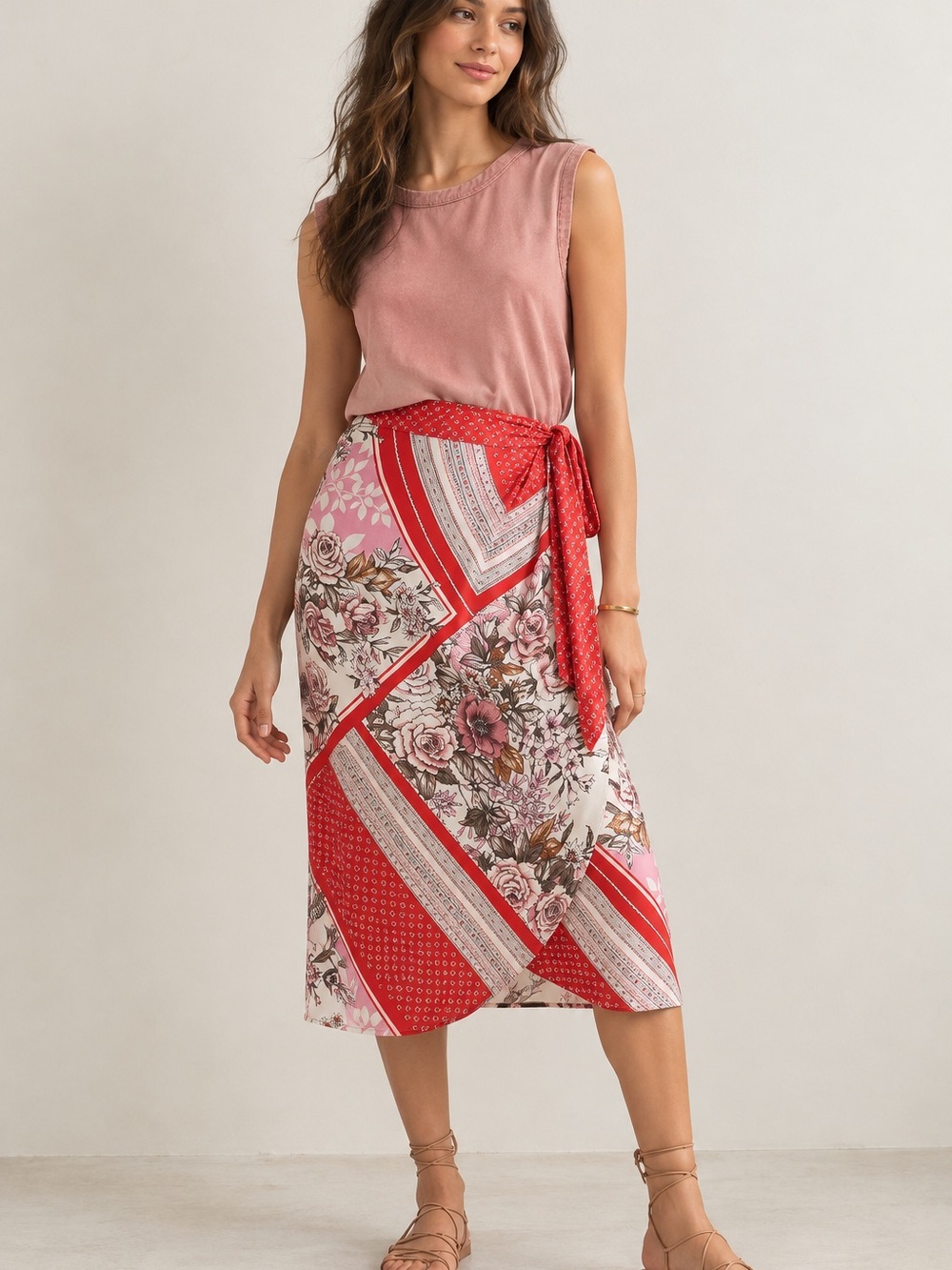 Anthropologie TINY Floral Asymmetrical Wrap Midi Skirt Red Patchwork Size S